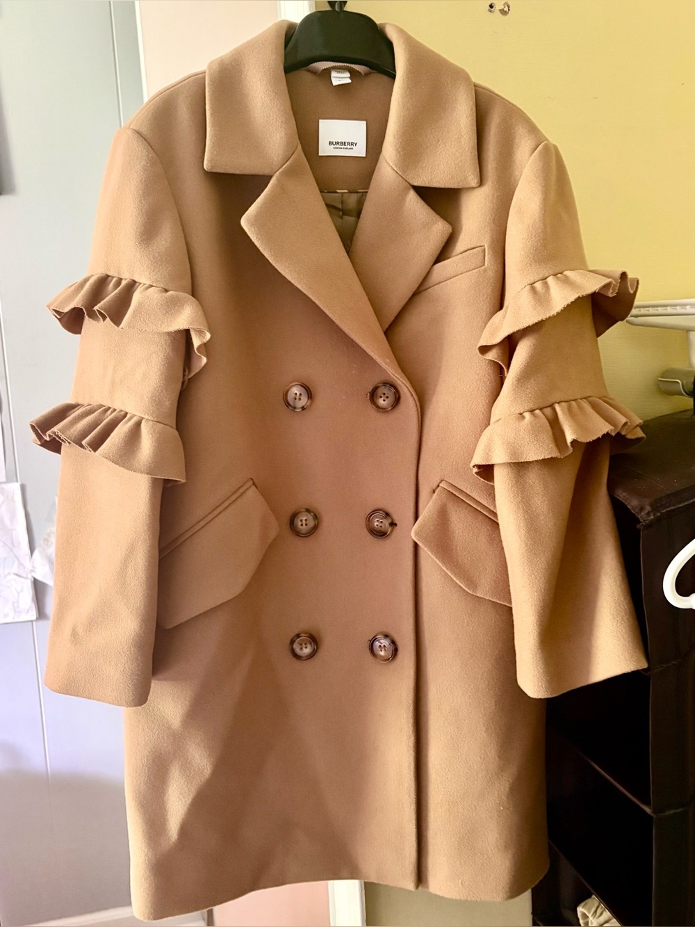 Burberry Girl’s Ruffled Sleeve Wool Coat, Size 8Y, Camel, 100% virgin wool